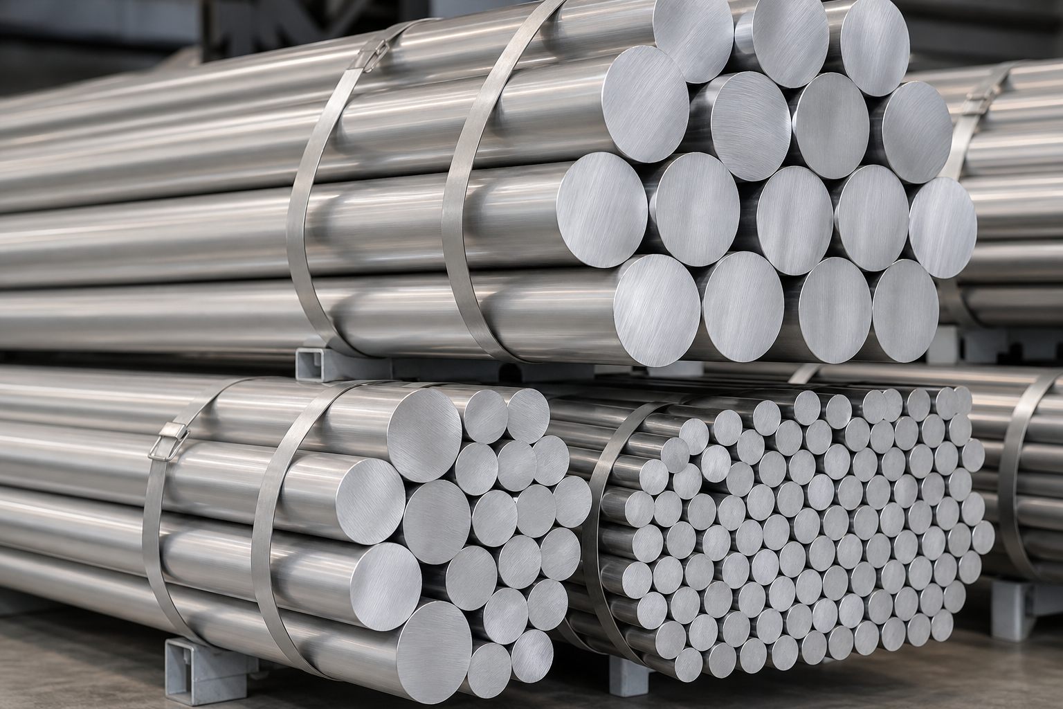 Bundled smooth aluminium rods for industrial supply