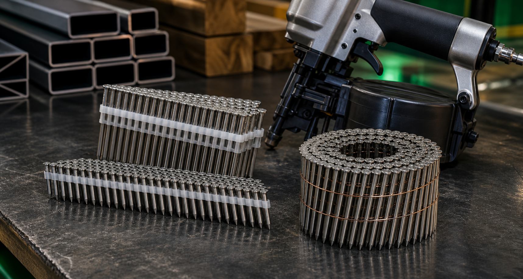 Collated framing nails in plastic strips and wire coils