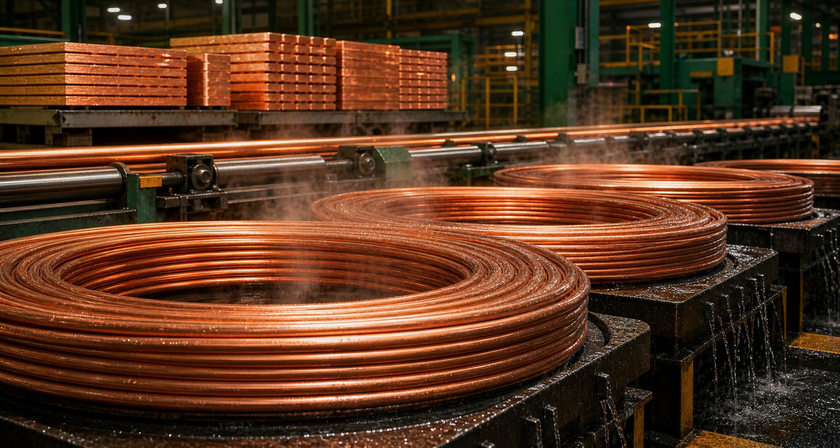 Continuous cast copper rod coils cooling after rolling