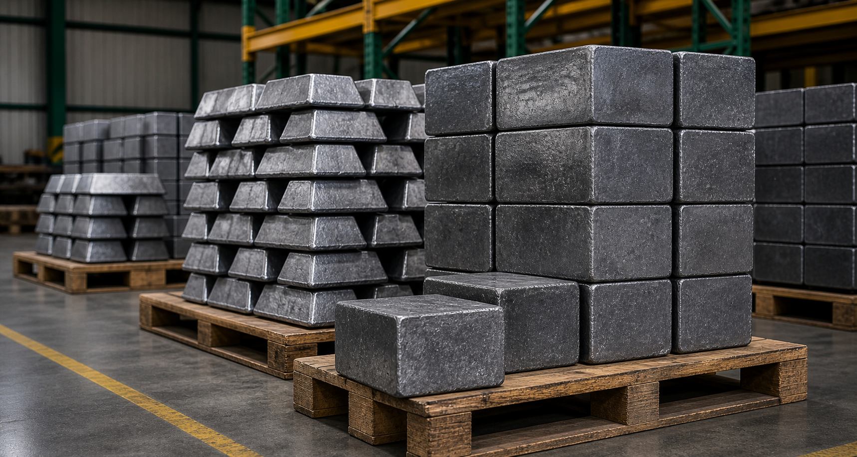 Lead casting blocks stacked on wooden pallets