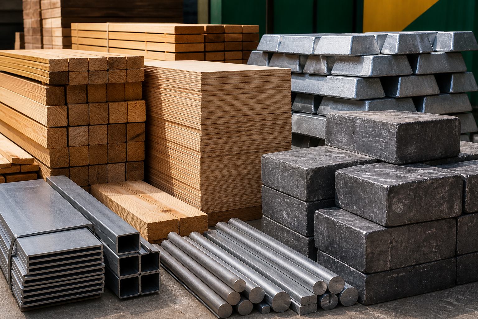 Timber boards, plywood and metal stock arranged for industrial supply